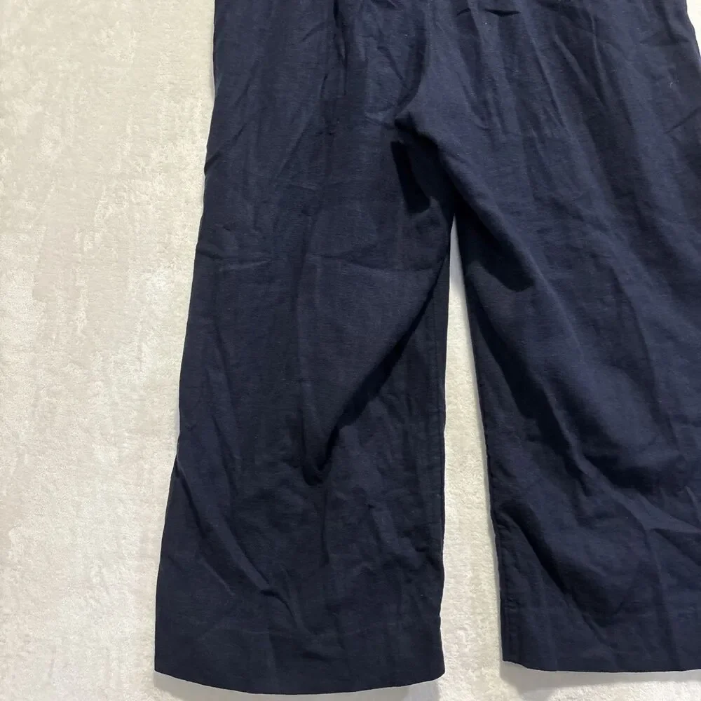 Banana Republic Linen Blend Wide Leg Crop Pull On Drawstring Pants Navy Small